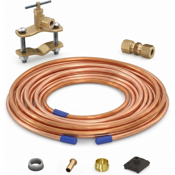 Ice Maker Kit with Self Piercing Saddle Valve Copper Tubing 1/4" x 25' for Refrigerator Water Line Connection