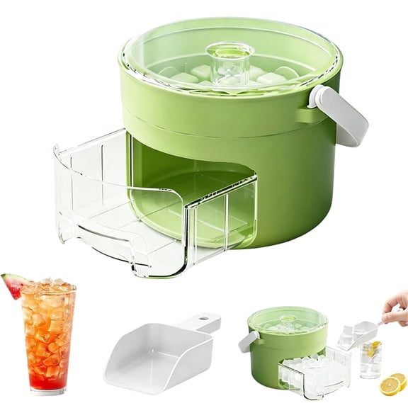 Ice Maker with Lid and Handle, Compact Ice Cube Tray with Lid and Bin, Airtight Ice Bucket Storage Box for Freezer Rv Camping Drinks, Food-Safe Material Plastic Green