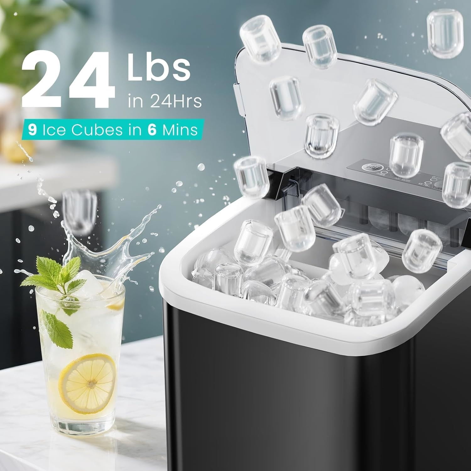 Ice Maker Machine with Handle,26lbs in 24Hrs,9 Ice Cubes in 6 Mins,Auto-Cleaning Portable Ice Maker with Basket and Scoop, Countertop Ice Maker for Home/Kitchen/Camping/RV, Sleek Black