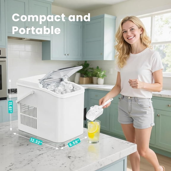 Ice Maker Machine with Handle, Auto-Cleaning Portable Ice Maker with Basket & Scoop, 26lbs in 24Hrs & 9 Ice Cubes in 6 Mins, 2 Ice Cube Sizes, for Home Party Camping RV, White