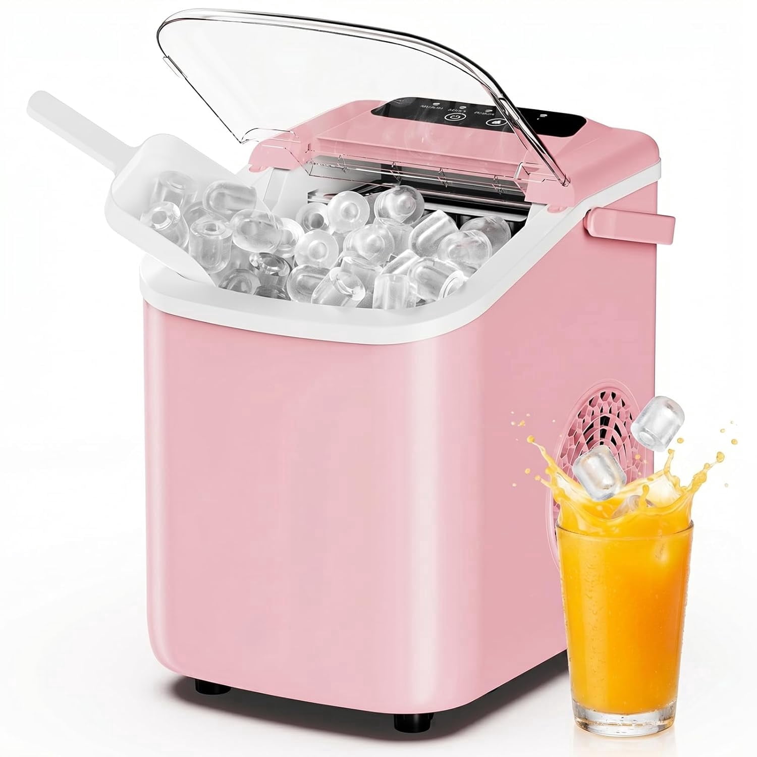 Ice Maker, Nugget Ice Machine Countertop with Basket, Scoop and Portable Handle, 26lbs Daily, 9 Bullet Cubes in 6~8 Mins, Self-Cleaning for Kitchen, Office, Outdoos, RV Camping