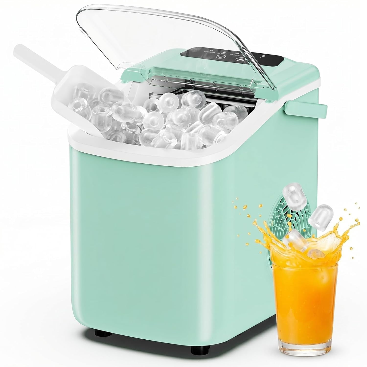Ice Maker, Nugget Ice Machine Countertop with Basket, Scoop and Portable Handle, 26lbs Daily, 9 Bullet Cubes in 6~8 Mins, Self-Cleaning for Kitchen, Office, Outdoos, RV Camping