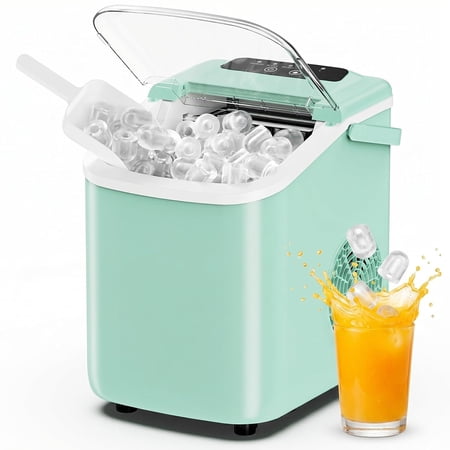Ice Maker, Nugget Ice Machine Countertop with Basket, Scoop and Portable Handle, 26lbs Daily, 9 Bullet Cubes in 6~8 Mins, Self-Cleaning for Kitchen, Office, Outdoos, RV Camping