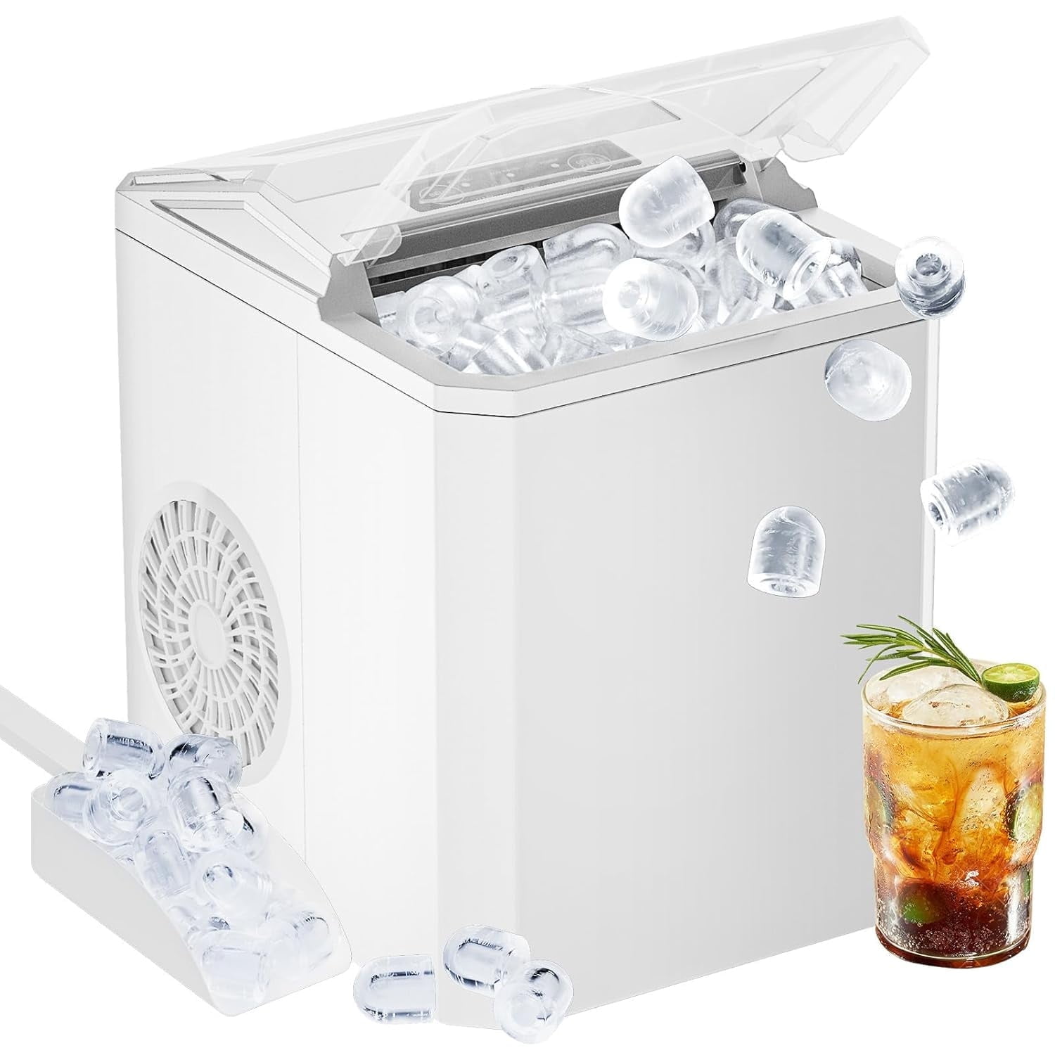 Casabay Portable Ice Maker, 9 Cubes in 6 Mins, 26 lbs/Day, Self-Cleaning, 2 Bullet Sizes, for Home & Office