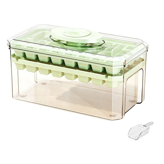 Ice Maker Set with 2 Pcs Trays, 1 Pcs Container and Scoop, Silicone Ice Mold with Storage Bin for Freezer, Stackable Ice Tray for Cold Drinks, Summer Home Bar & Party Supplies, Green, 7.48x3.94 Inch