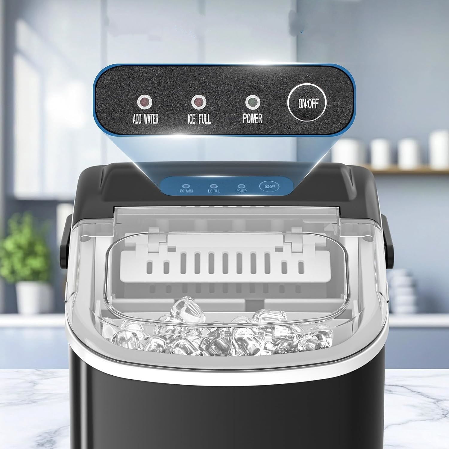 Ice Makers Countertop with Auto-Cleaning, 9 Bullet Ice Cubes in 6 Mins, 26lbs/Day, Portable Ice Machine with Handle, Basket and Scoop for Home, Kitchen, Office, Party