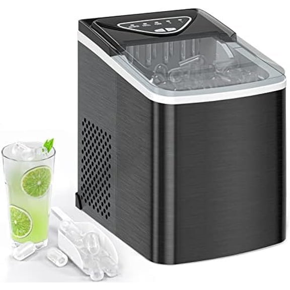 Ice Makers Countertop, Compact Counter Machine, Self Cleaning, 26L/24H, 9 Ice Cubes S/L Pellet in 6-8 Mins, Portable Icemaker with Pouch/Bag/Scoop/Basket for Kitchen Office Bar (Black)