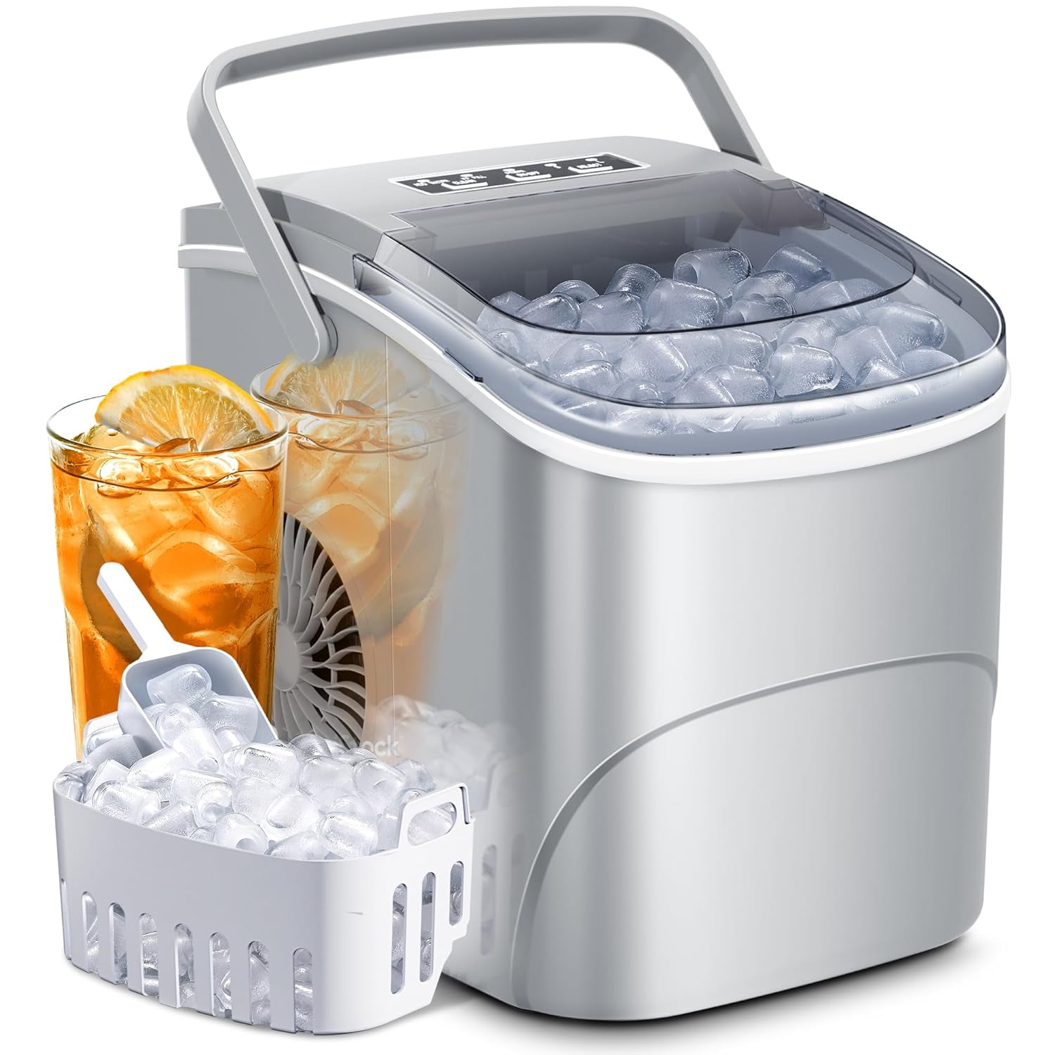 Portable Grey Countertop Ice Maker with Handle and Self-Cleaning