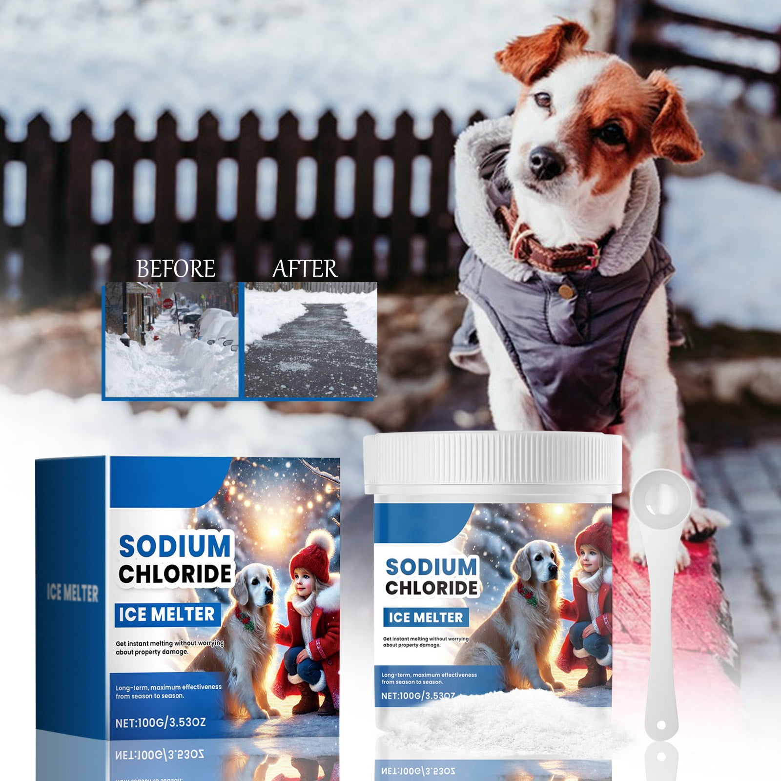 Ice Melt, Pet Safe Ice Melt, Premium Snow Melter with Scoop,Ice Melt Pet Safe Pure Magnesium Chloride, Safer for Pets, Concrete, Effective to -35 F