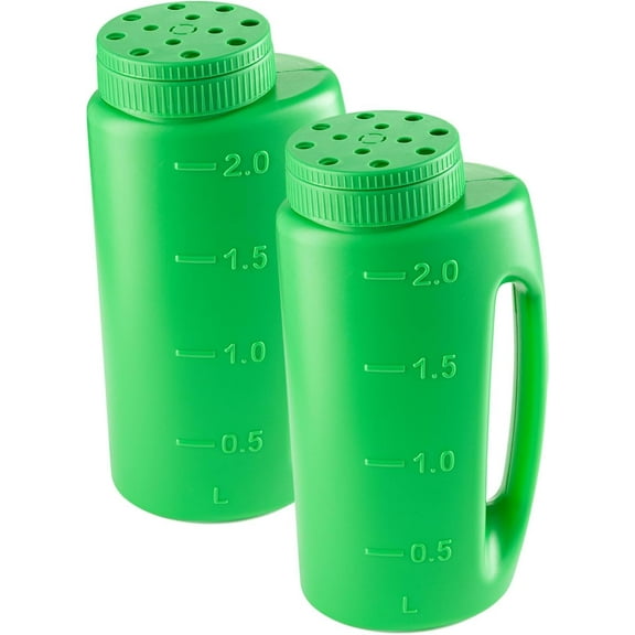 Ice Melt Salt Spreader Handheld Shaker for Lawn Seed, Salt, Ice Melt, Calcium, Deicer Shaker 2 Liter, Adjustable Hole Size, Handy for Fertilizer Lawn Seed Salt to Deice, Green 2 Pack
