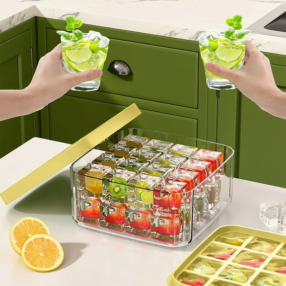 Ice Molds, Plastic Ice Cube Tray with Lid, Transparent Ice Storage Box, One-touch Release for Kitchen, Bar, and Party Drinks, Yellow, by FAJHHA