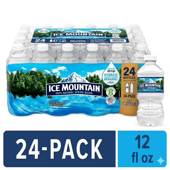 Ice Mountain Natural Spring Water, 12 fl oz Plastic Bottles, 24 Pack