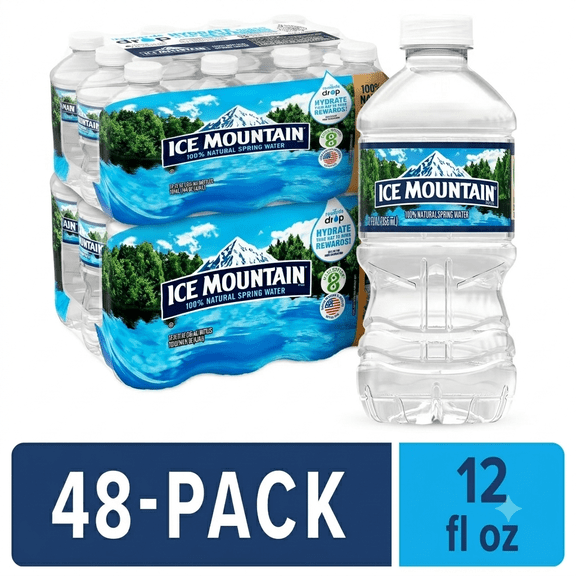 Ice Mountain Natural Spring Water, 12 fl oz Plastic Water Bottles, 48 Pack