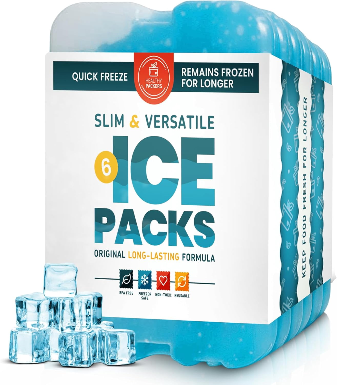 Healthy Packers Reusable Ice Packs for Lunch Box and Cooler, Blue, 6 Pack