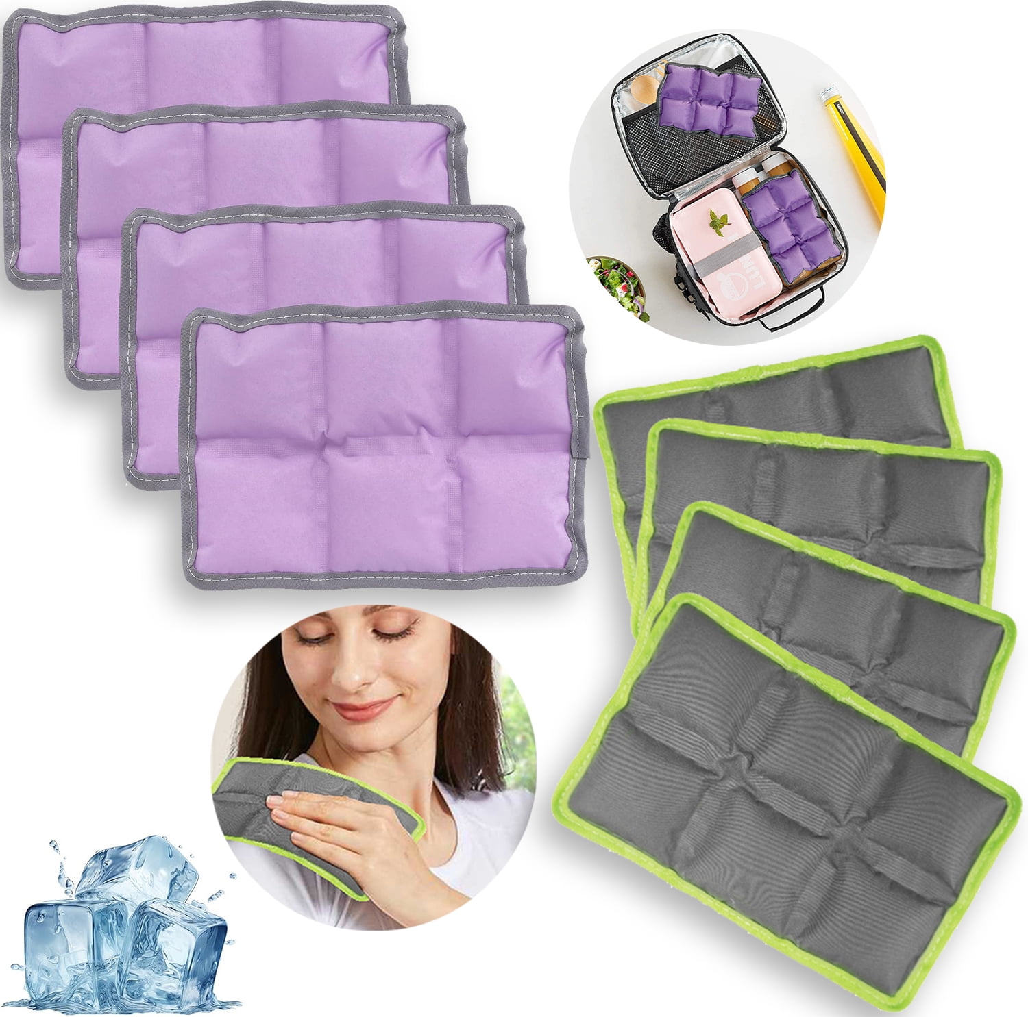 Ice Packs for Lunch Boxes & Coolers, Slim Reusable Space Saving Cooler Ice Packs,Water Absorption (6”x4”x0.7”) , Non-Toxic Cooler for Picnic,Sports & Camping (4Purple+4Green)