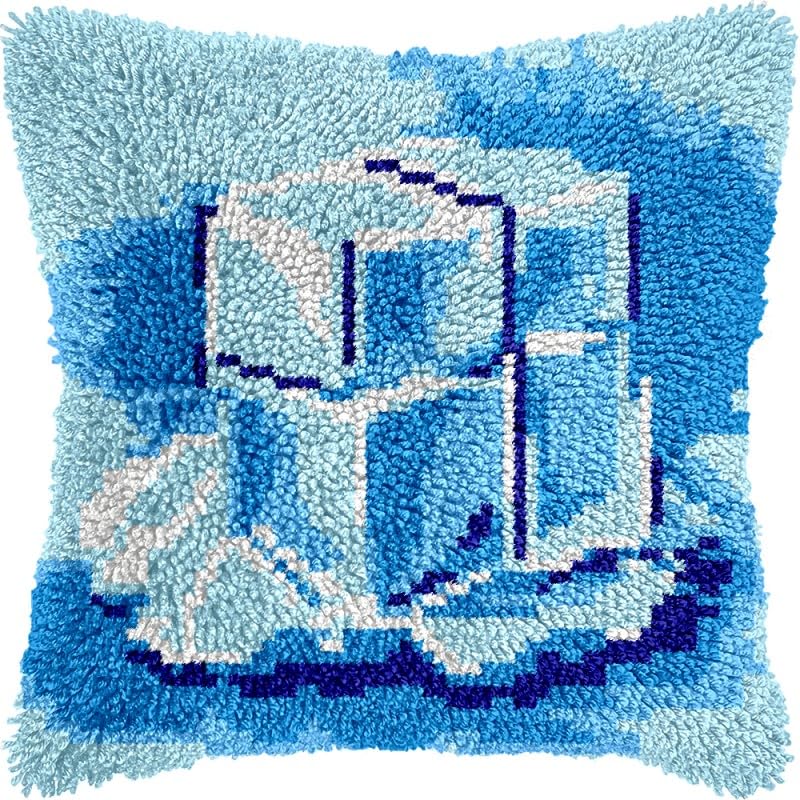Ice Pattern Latch Hook Pillow Kits Pillow Cover with Pattern Printed Canvas Sofa Hooking Pillowcase Cushion Crafts Embroidery Latch Hooking Crochet Starter Kits 17x17 inch(1)