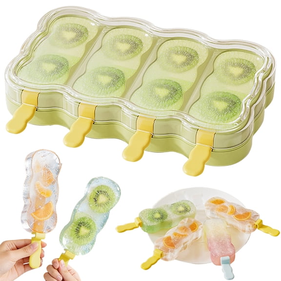 Ice Pop Maker with Sticks, 4 Compartments, Easy Release, Removable Sticks, DIY Homemade Popsicle Mold for Freezer, Create Custom Flavors with Fruits, Juice, Yogurt, Reusable, Easy Clean, Green