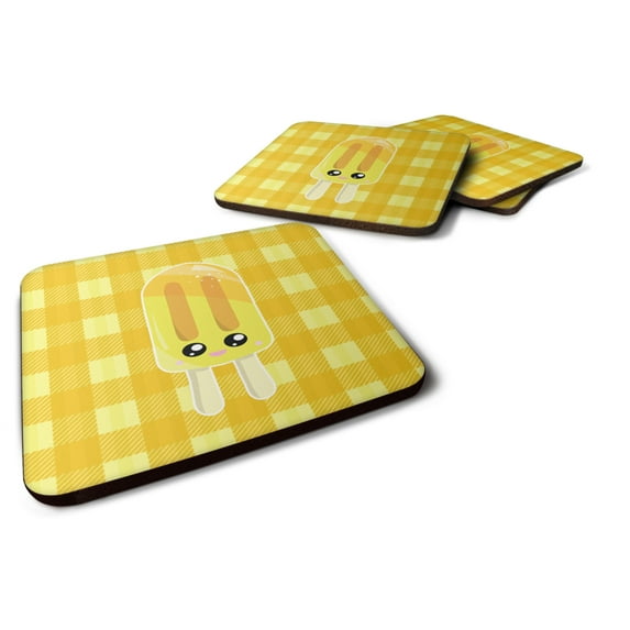 Ice Pop Popcicle Face Gingham Yellow Foam Coaster Set of 4