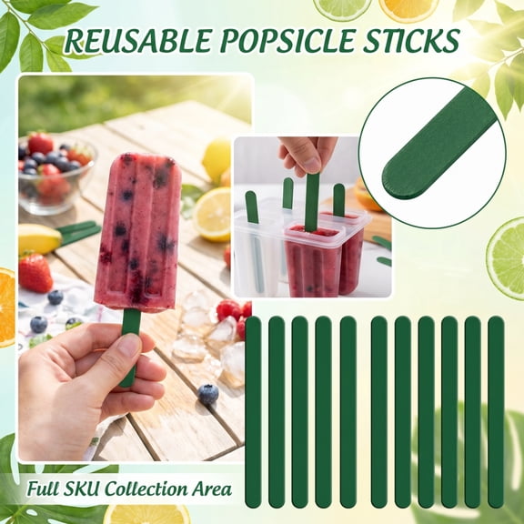 Ice Pop Sticks 10 Pack Dark Green Reusable Smooth Rounded Lolly Sticks for Homemade Summer Popsicles, Kids Crafts, Diy Decor and Classroom Art Projects
