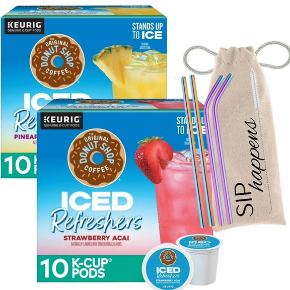 Iced Refreshers K Cup Strawberry Acai and Pineapple Passion Gift Set of Keurig k cups 20ct Pods and Stainless Steel Iridescent Straws with Storage Bag