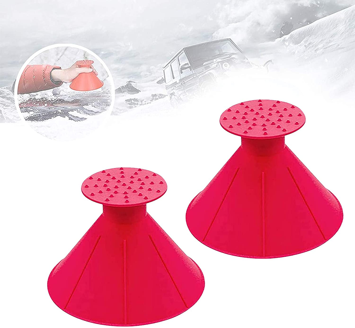 Magical Car Ice Scraper with Funnel,2 Pack Cone Windshield Ice  Scrapers,Round Snow Scraper for Car(Red)