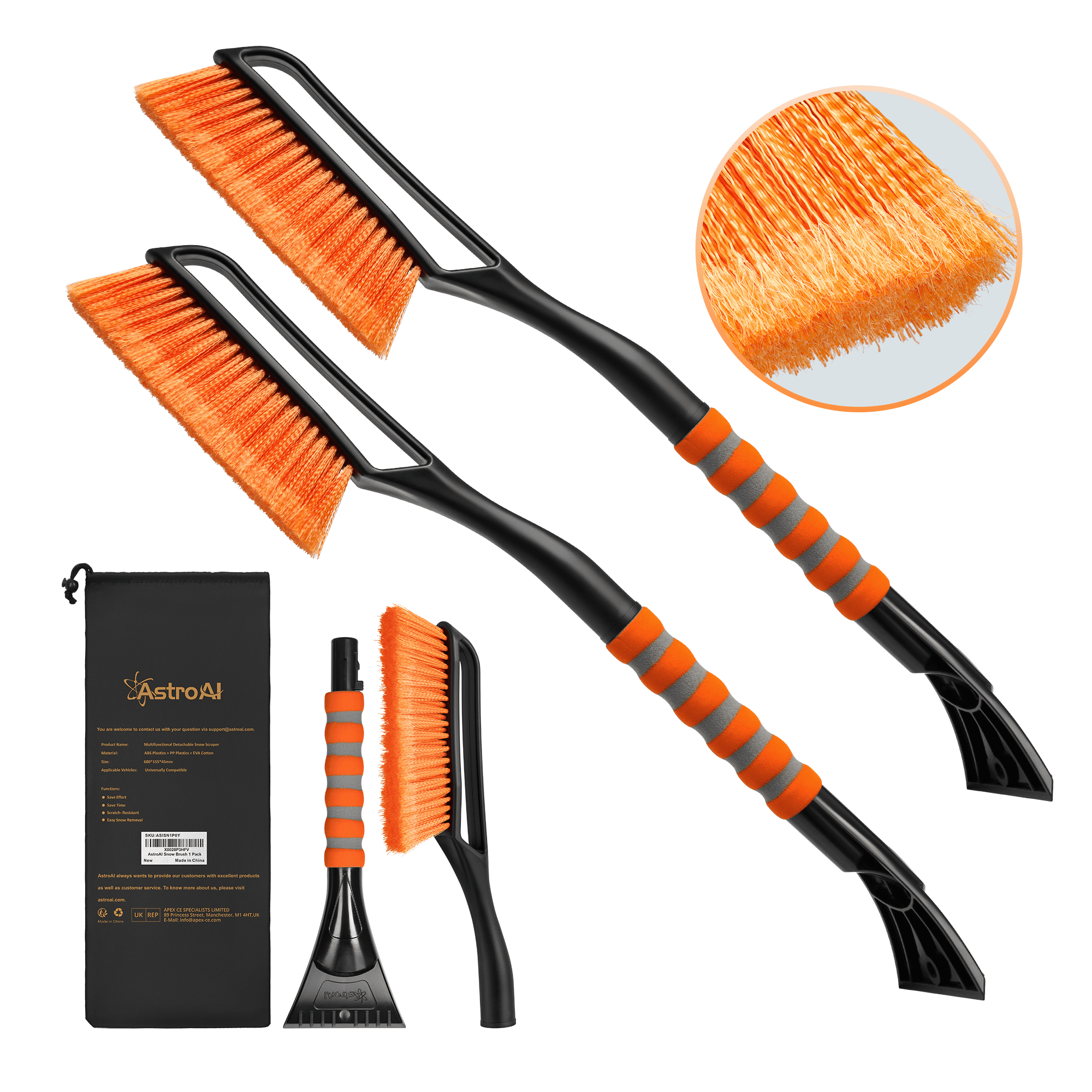 Ice Scraper and Detachable Snow Brush for Cars, 27" Snow Broom with Foam Grip, 2 Pack, Yellow