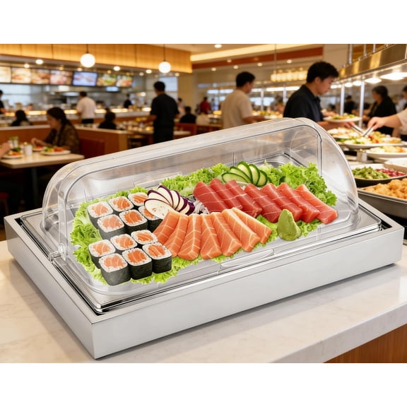 Ice  Serving Display Tray with Clear Roll Top Cover Buffet Cold Serving Cooler Platter w/ 2 Ice Packs Cooling  Dishes Display Plate Case with Lid for Seafood Fruit Party Buffet Tray