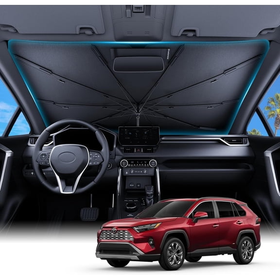 Ice-Shield Car Windshield Sun Shade [100% Sun Block, 4th-Gen Cooling Tech] Reflective Heat Insulation, Portable Foldable Front Window Sunshade Umbrella for Sedans/SUVs - Universal Fit 56"x35"