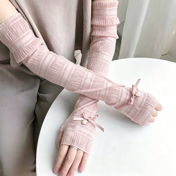 Ice Silk Arm Sleeves, Bow Pearl Fingerless UV Protection Arm Cover Breathable Cooling Sun Sleeves for Driving Gardening Outdoor Sports Summer Fashion Arm Guards for Women Daily Wear