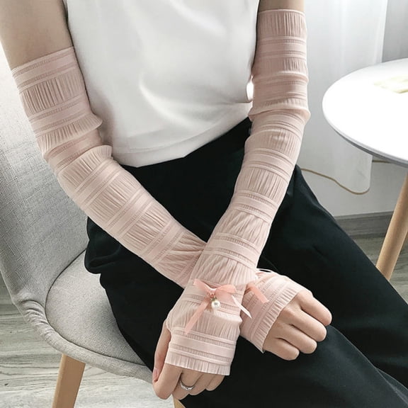 Ice Silk Arm Sleeves, Pearl Bow Fingerless Covers, Ladies Breathable Arm Guards for Summer Driving, UV Protection Cooling Sleeves, Elegant Sunblock Accessory​, Pink
