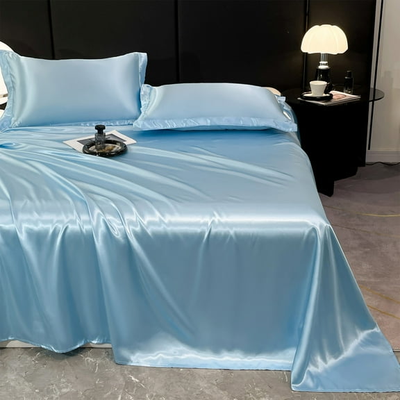 Ice Silk Bed Sheet Pillow Case 3-piece Set, Luxurious Soft Ice Silk Bed Sheet, Suitable For All Seasons, Cool Ice Silk Fabric, Machine Washable(Blue-M)