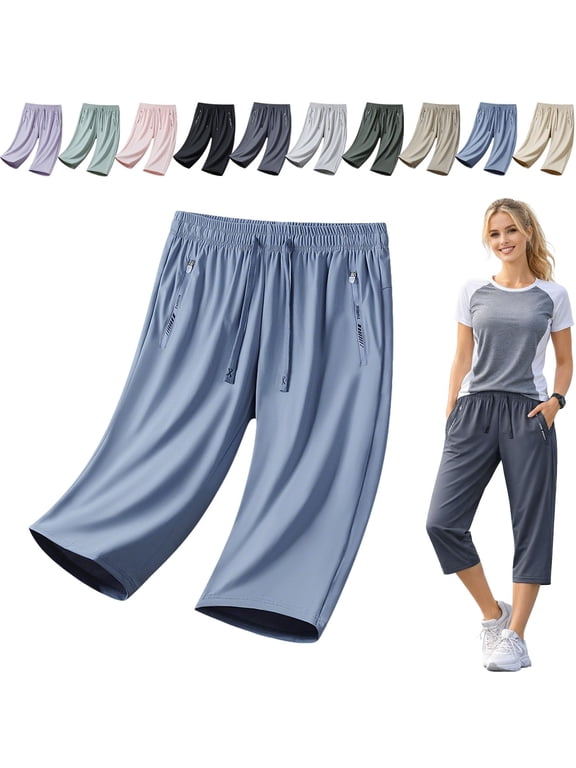 Ice Silk Cooling Capri Pants for Women, Quick Dry Stretch 3/4 Length Athletic Pants with Zipper Pockets for Walking & Casual Wear