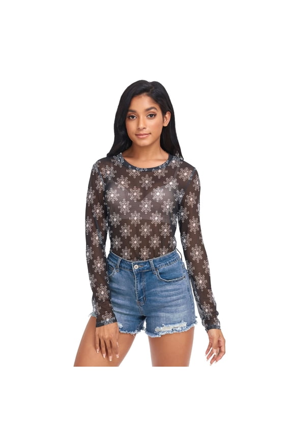 Ice Silk Mesh Long Sleeve Top Cooling Comfort Women's Crewneck Mesh Tops Casual Shirt Black and White Lace Pattern Large