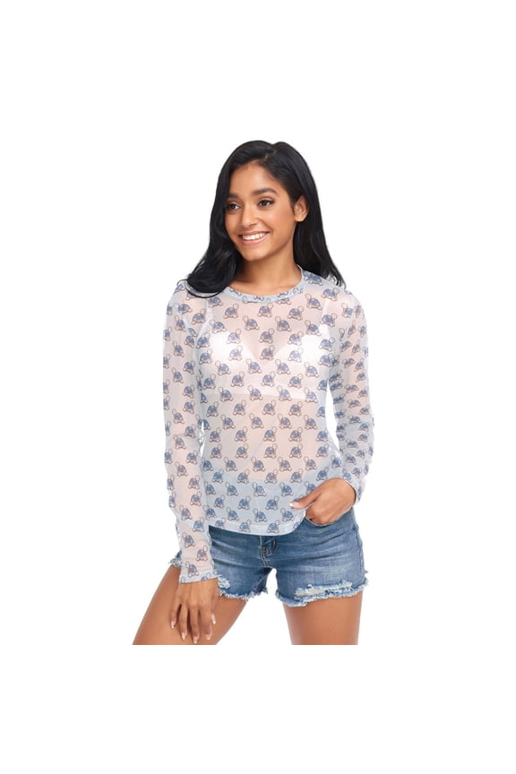 Ice Silk Mesh Long Sleeve Top Cooling Comfort Women's Crewneck Mesh Tops Casual Shirt Cartoon Turtle Pattern Medium