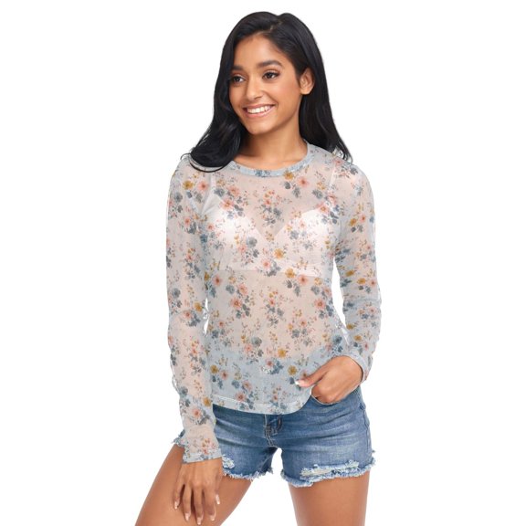 Ice Silk Mesh Long Sleeve Top Cooling Comfort Women's Crewneck Mesh Tops Casual Shirt Delicate Pastel Floral Pattern X-Large