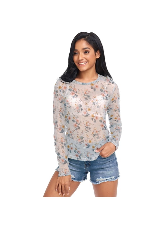 Ice Silk Mesh Long Sleeve Top Cooling Comfort Women's Crewneck Mesh Tops Casual Shirt Delicate Pastel Floral Pattern X-Large
