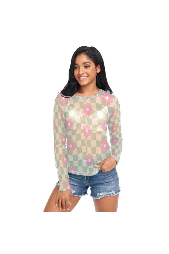 Ice Silk Mesh Long Sleeve Top Cooling Comfort Women's Crewneck Mesh Tops Casual Shirt Distorted Checkerboard Pattern XX-Large