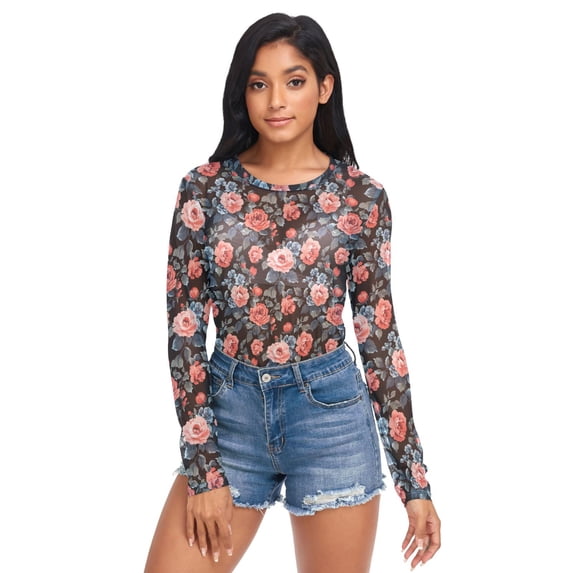 Ice Silk Mesh Long Sleeve Top Cooling Comfort Women's Crewneck Mesh Tops Casual Shirt Large Pink Roses X-Large