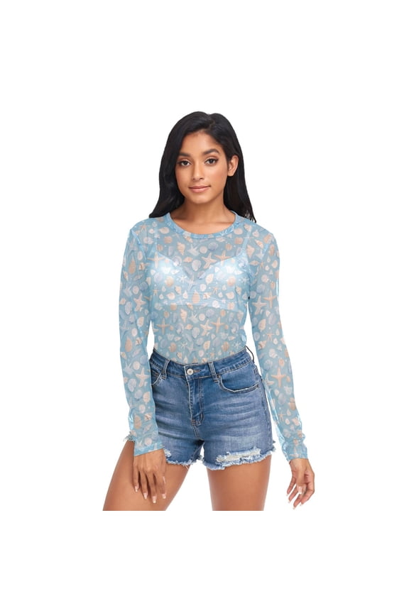 Ice Silk Mesh Long Sleeve Top Cooling Comfort Women's Crewneck Mesh Tops Casual Shirt Light Blue Seashells and Starfish X-Large