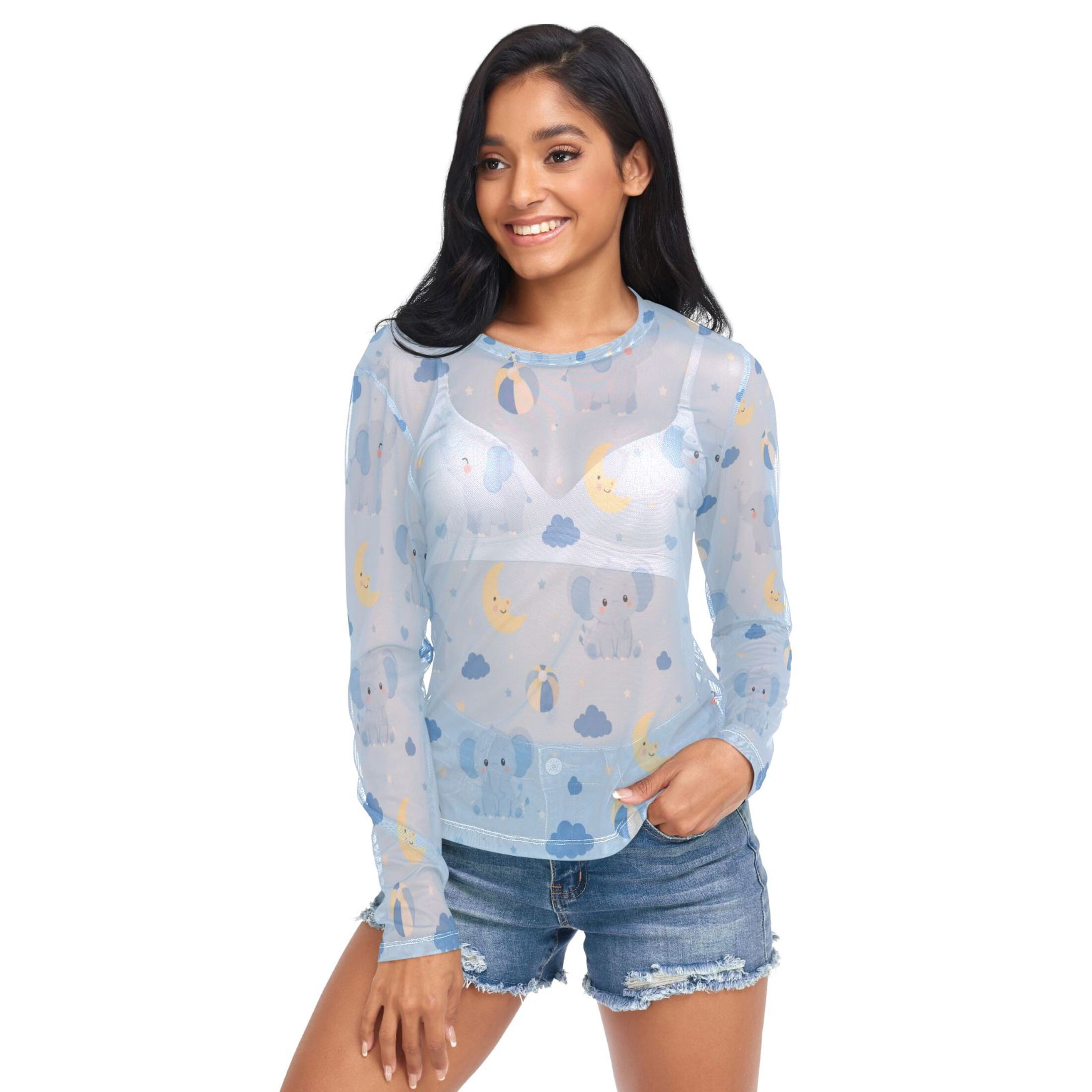 Patterned Mesh Top Ice Silk Mesh Long Sleeve Top Cooling Comfort Women's Crewneck Mesh ...