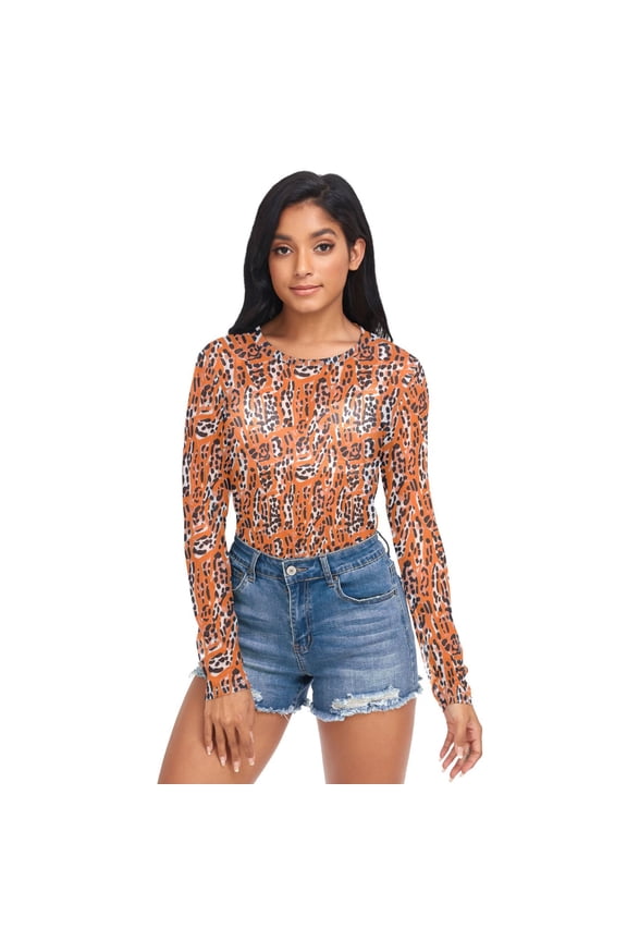 Ice Silk Mesh Long Sleeve Top Cooling Comfort Women's Crewneck Mesh Tops Casual Shirt Orange Leopard Print Small