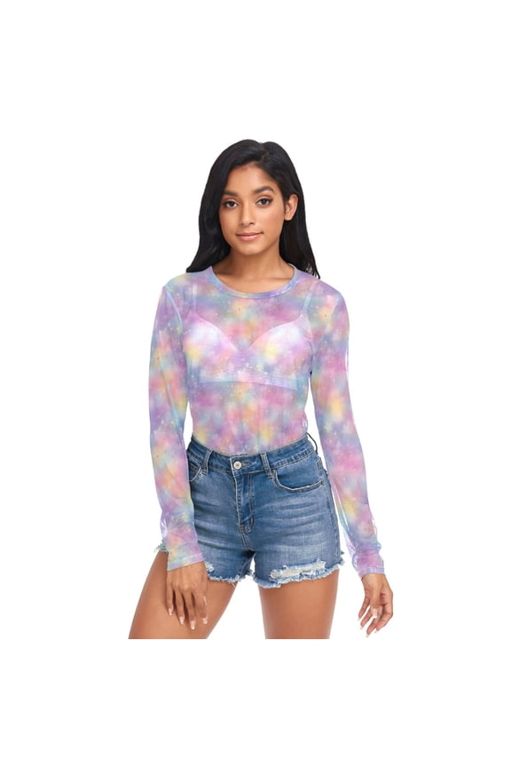 Ice Silk Mesh Long Sleeve Top Cooling Comfort Women's Crewneck Mesh Tops Casual Shirt Pastel Colors Stars Pattern Small