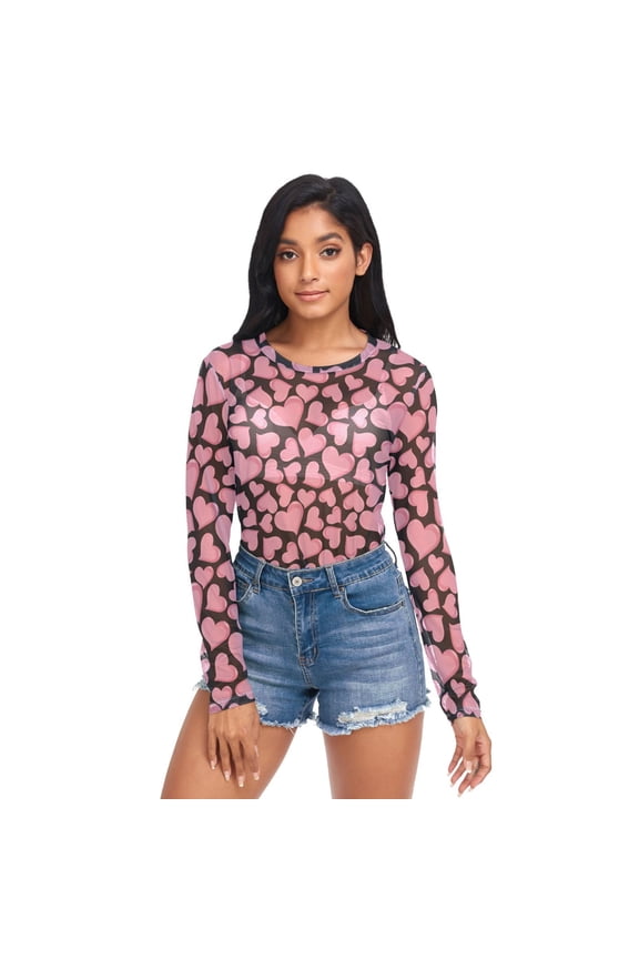 Ice Silk Mesh Long Sleeve Top Cooling Comfort Women's Crewneck Mesh Tops Casual Shirt Pink Hearts Pattern Small