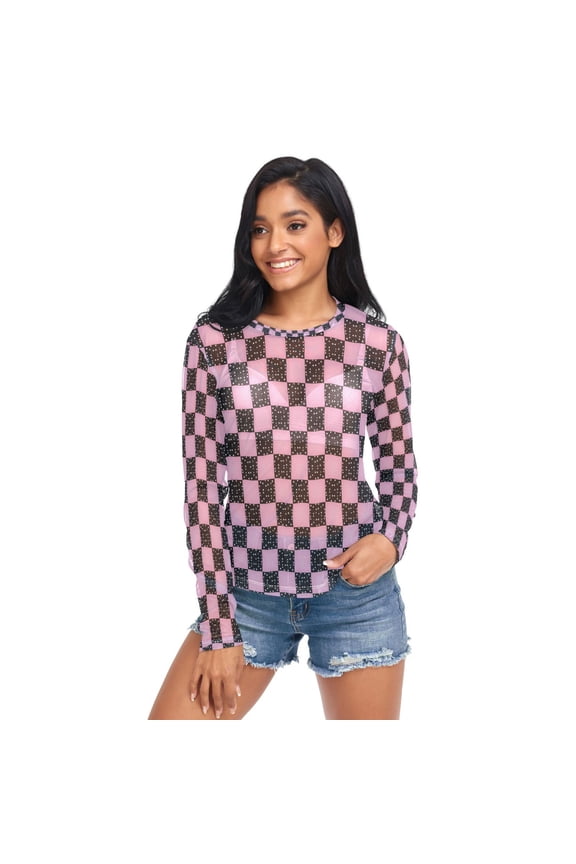 Ice Silk Mesh Long Sleeve Top Cooling Comfort Women's Crewneck Mesh Tops Casual Shirt Pink and Black Checkerboard Pattern X-Large