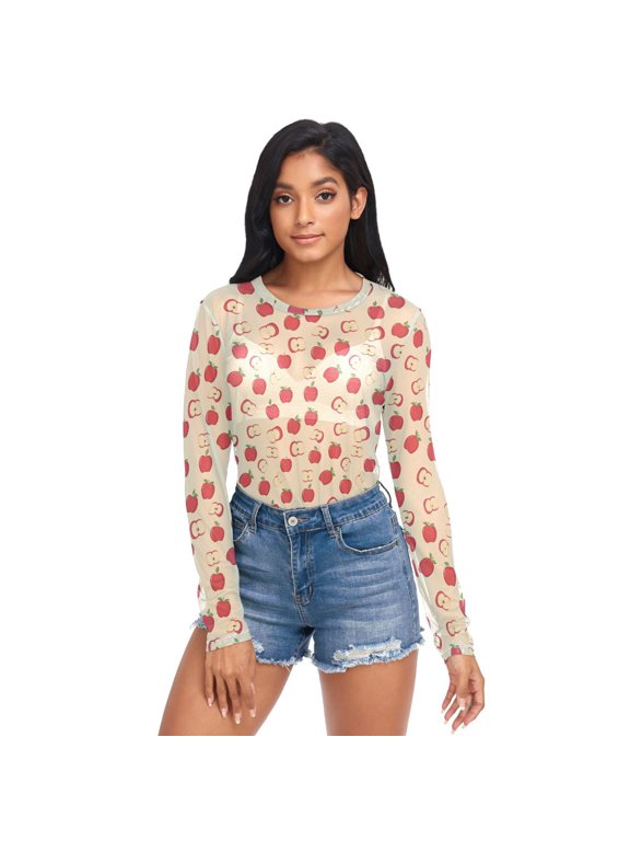 Ice Silk Mesh Long Sleeve Top Cooling Comfort Women's Crewneck Mesh Tops Casual Shirt Red Apple Pattern XX-Large