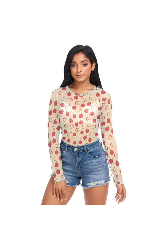 Ice Silk Mesh Long Sleeve Top Cooling Comfort Women's Crewneck Mesh Tops Casual Shirt Red Apple Pattern XX-Large