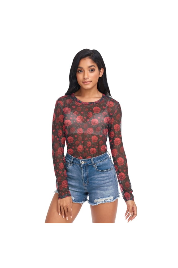 Ice Silk Mesh Long Sleeve Top Cooling Comfort Women's Crewneck Mesh Tops Casual Shirt Red Roses and Hearts Pattern Small