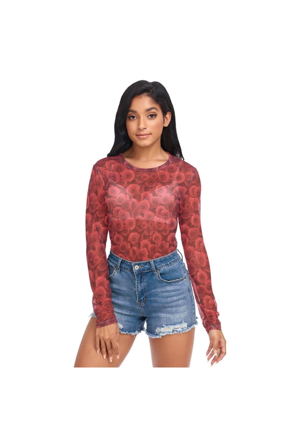Ice Silk Mesh Long Sleeve Top Cooling Comfort Women's Crewneck Mesh Tops Casual Shirt Romantic Red Roses in Rows Medium