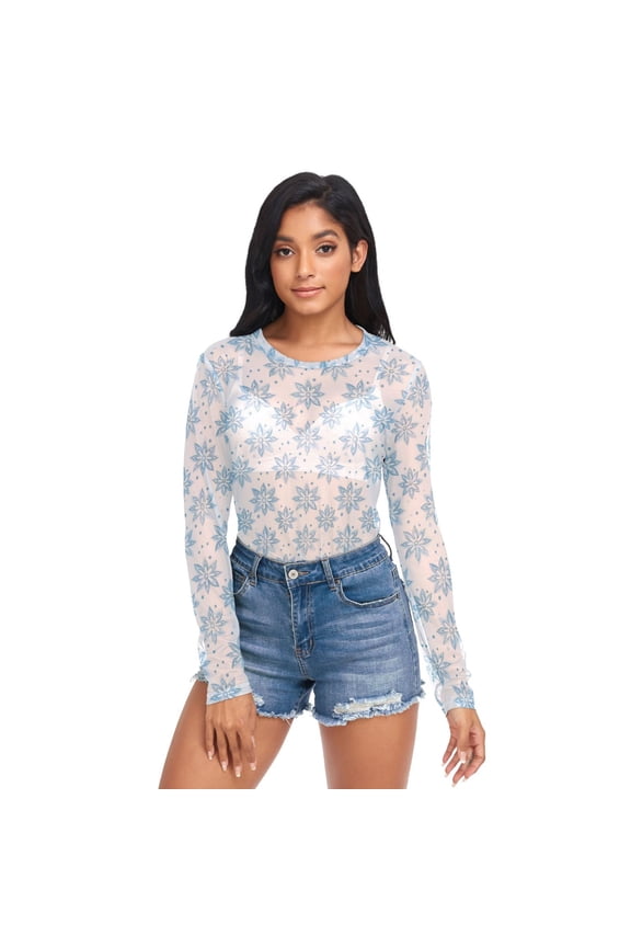 Ice Silk Mesh Long Sleeve Top Cooling Comfort Women's Crewneck Mesh Tops Casual Shirt Snowflake-like Flowers Pattern Medium
