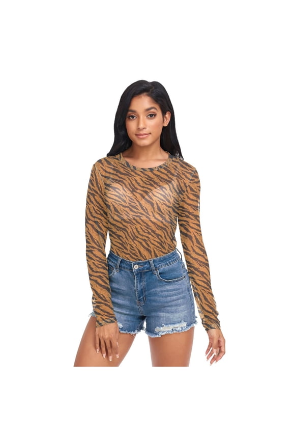 Ice Silk Mesh Long Sleeve Top Cooling Comfort Women's Crewneck Mesh Tops Casual Shirt Tiger Stripes Pattern Medium